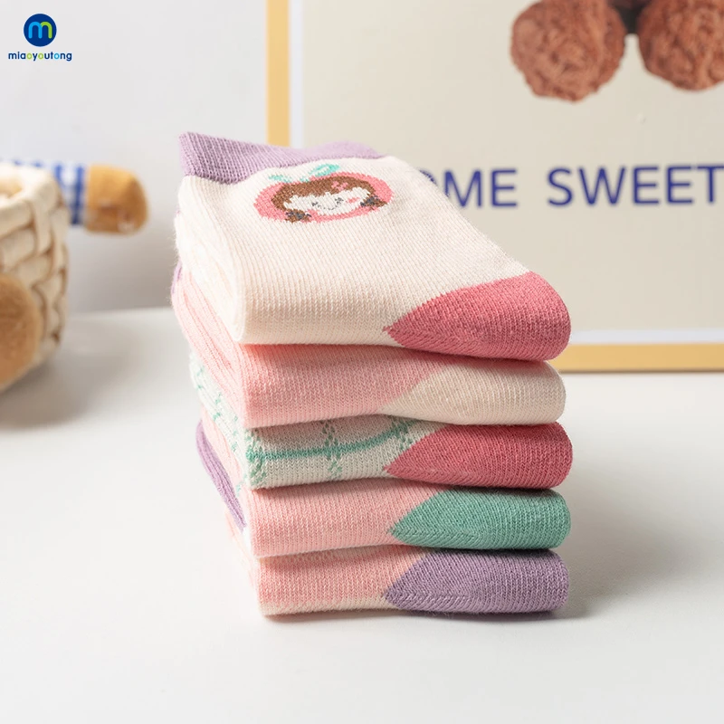 5 Pairs/Lot Strip Cotton Knit Warm Children's Socks For Girls New Year Socks Kids Women's Short Baby Newborn Miaoyoutong