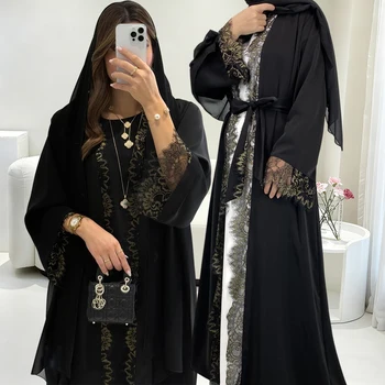 Dubai Elegant Beige Abaya and scarf For Muslim Women Intricately Crafted Multicolored Embroidery in Islamic Modest Fashion Dress