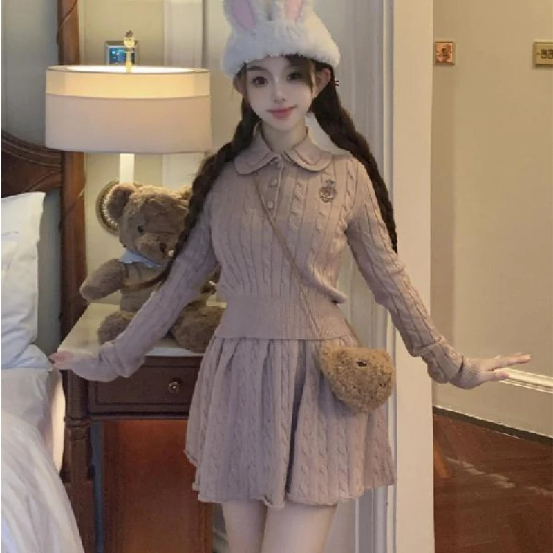 

Autumn Preppy Style Two Piece Set Women Knitted French Vintage A-line Skirt Suit Female Korea Fashion Long Sleeve Retro Set Cute