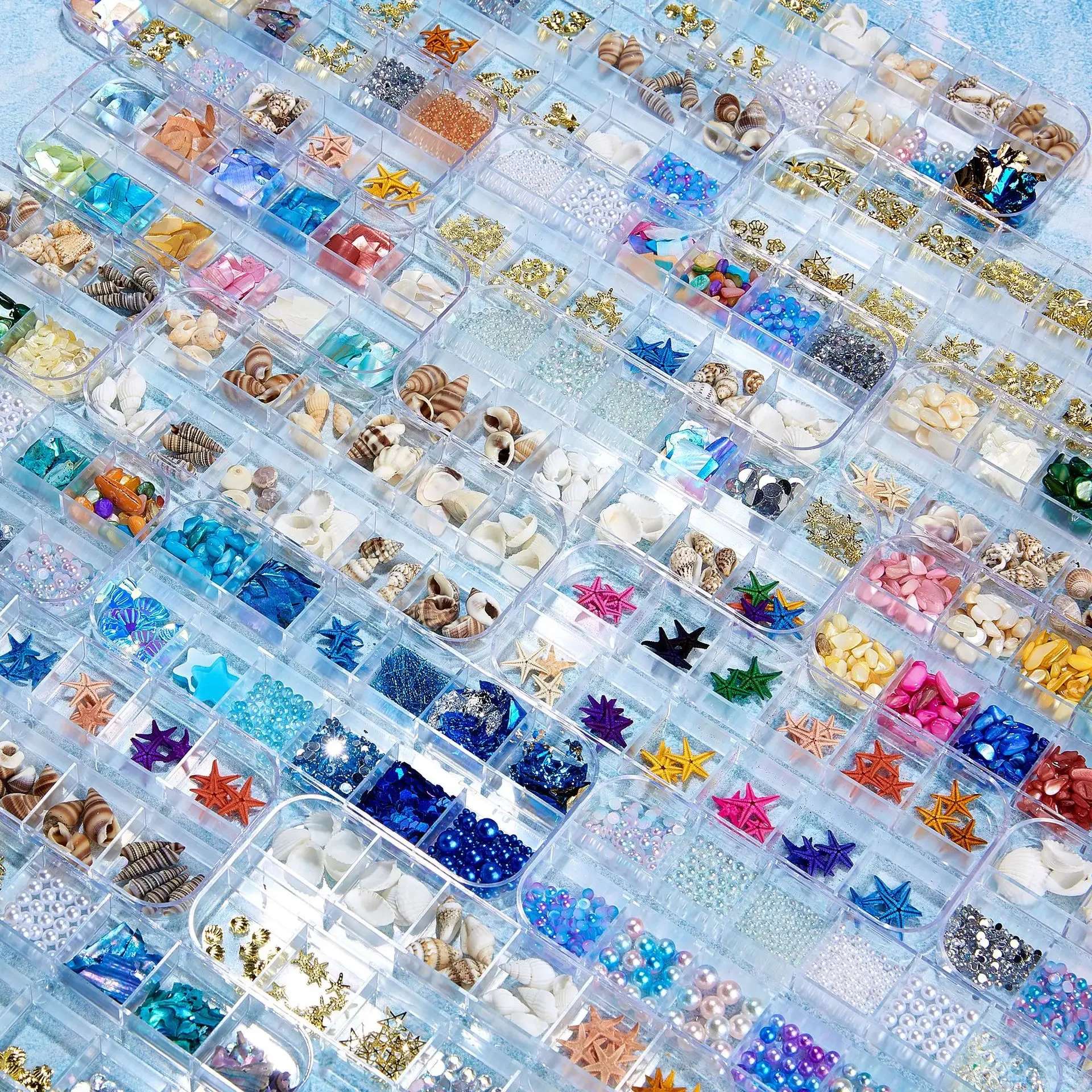 12 Grids Sea Ocean Nail Charms Blue Aurora Shell Moon Star Heart Starfish Pearl Flake Slice Summer Jewelry 3D Kawaii Decoration 3