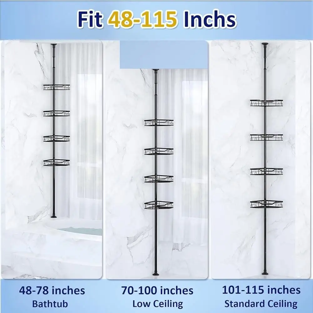 Adjustable 4 Tier Corner Shower Caddy Tension Pole Rustproof Floor Standing Bath Organizer with Towel Rack and Hanging Loops 5