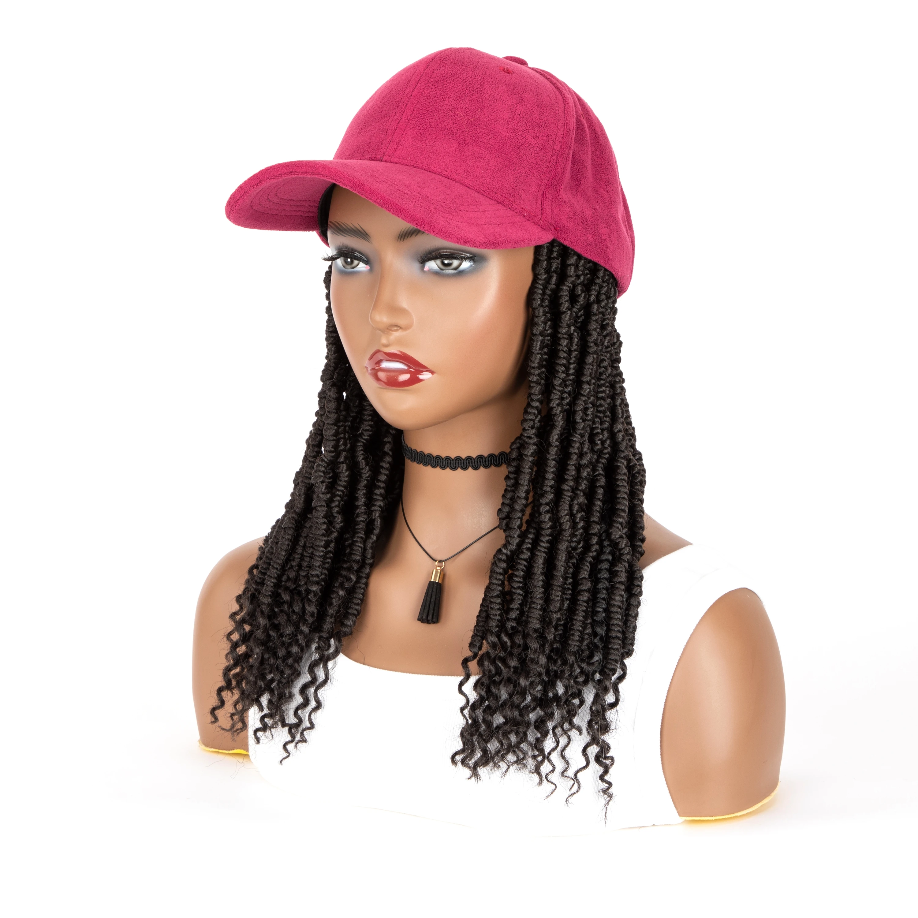 Medium Braided Synthetic Wig Spring Box Braids Hair Extensions With Burgundy Baseball Cap Bucket Hat synthetic hair wigs