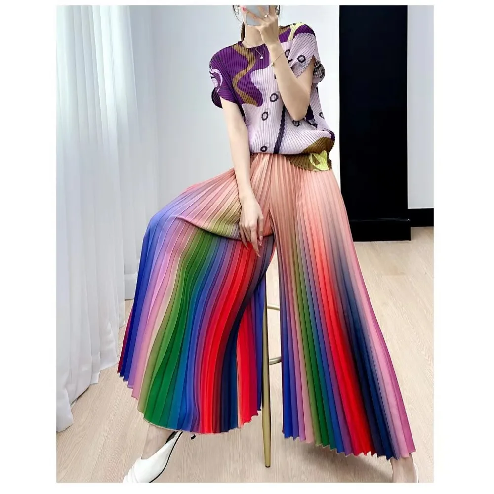 

Miyake Pleated New Loose Versatile Trend Rainbow Color Gradient Ladies Casual Pants Large Size Women's Clothing