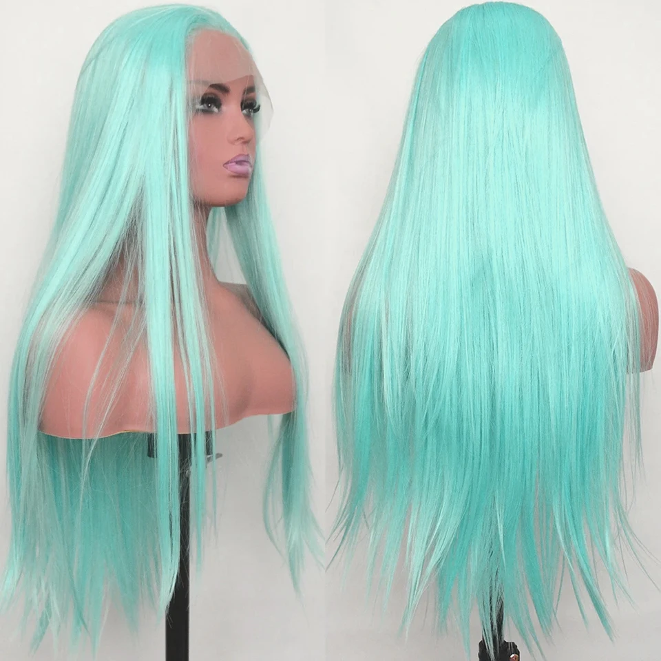 Light Green Color Synthetic Lace Wig 24inches Straight T Middle Part Lace Wig Heat Resistant Party Daily