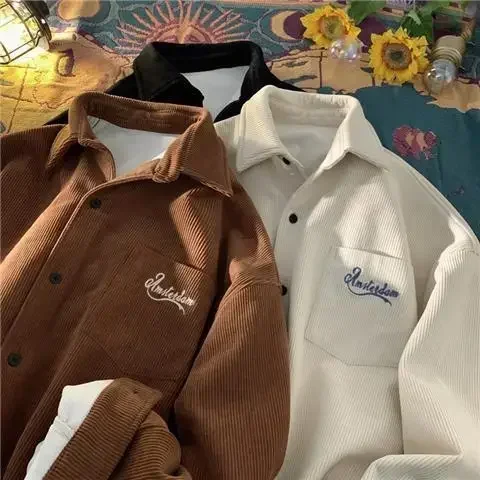 Corduroy Men's Jacket Spring and Autumn American Retro Trendy Brand New Handsome Shirt Leisure Jacket K Pop Clothes   Top Jacket