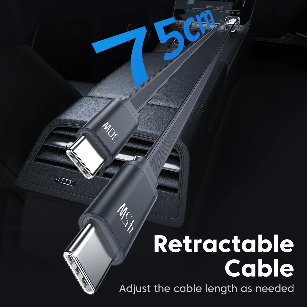Toocki 4-in-1 Retractable 105W Fast Car Charger with Dual USB-C Ports and Digital Display