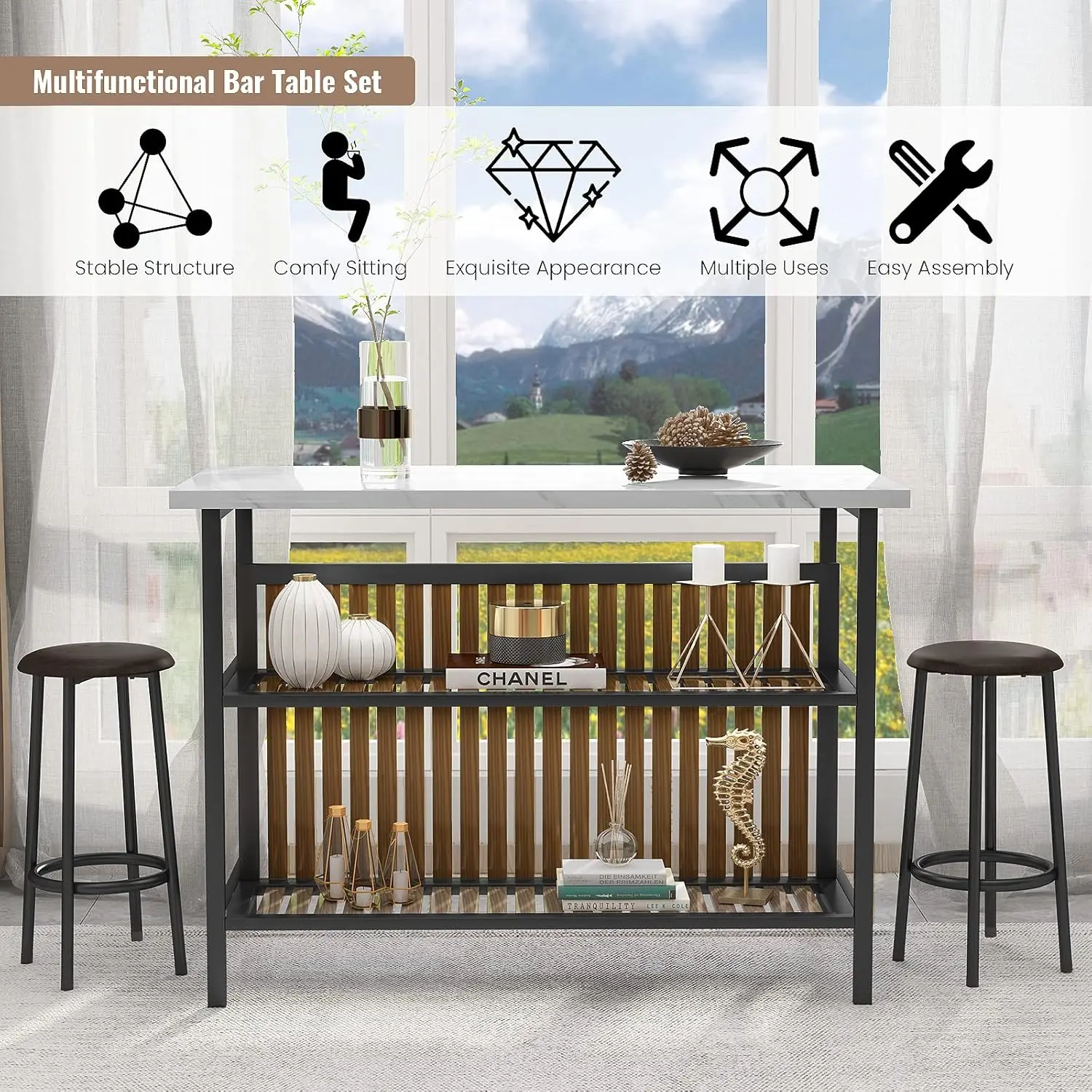 Kitchen Island with Seating & Storage Shelf, Faux Marble Island Table for Kitchen, Modern Bar Table and Chairs Set for 2,Di
