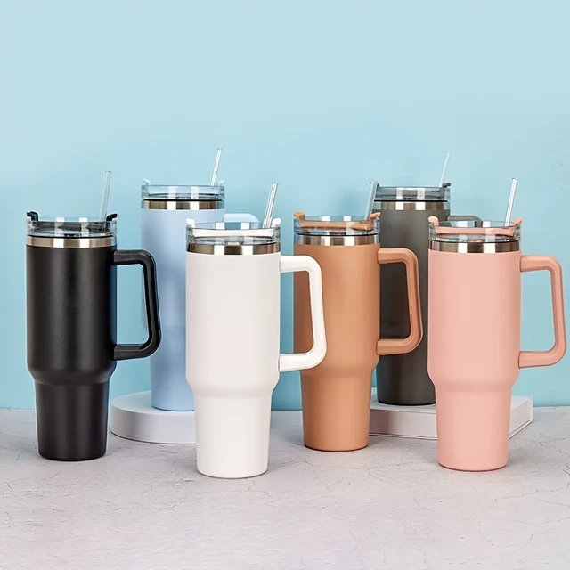 1pc 40oz Handle Drinking Tumbler With Straw And Lid Stainless Steel Vacuum  Insulated Double Wall Water Bottle