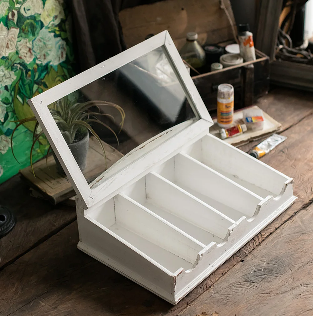 Slanted Shabby White Antique Wooden Cutlery Box With Glass Hinged Lid