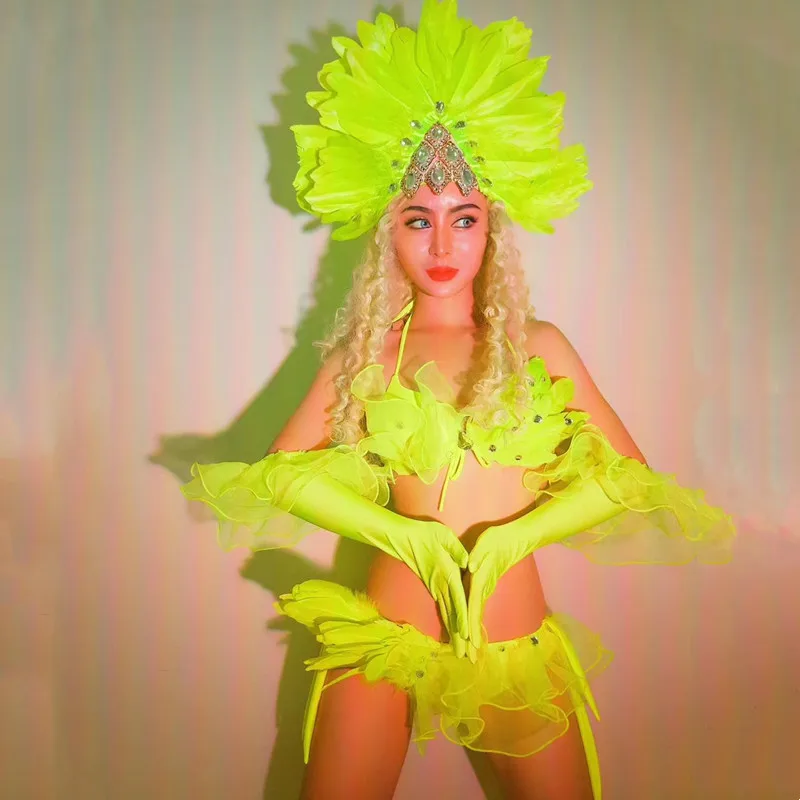 

Fluorescent Green Feather Headdress Bikini Set Sexy Women Singer DJ Dancer Team Stage Wear Nightclub Bar Performance Costume