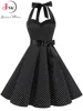 112408-0e0e0c.jpg Femmes à pois imprimé Robe d'été Sexy rétro blanc licou Robe Vintage Robe Femme Pin Up Rockabilly Robe de soirée
