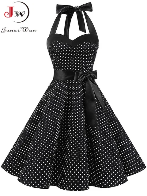 112408-0e0e0c.jpg Femmes à pois imprimé Robe d'été Sexy rétro blanc licou Robe Vintage Robe Femme Pin Up Rockabilly Robe de soirée