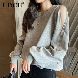 Spring Autumn Casual Fashion Round Neck Zipper Off Shoulder Sweatshirt Women Long Sleeve Solid Jumpers Personality Pullover Top
