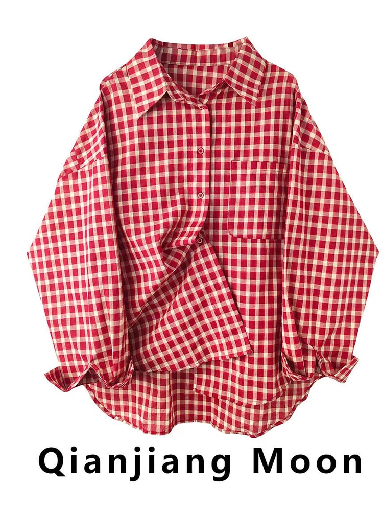 Chemise à carreaux rouges Vintage pour femmes, col rabattu, manches longues, Streetwear, ample, Patchwork, chemisiers Harajuku, Y2k, nouvelle collection automne 2026 1 Chemise à carreaux rouges Vintage pour femmes, col rabattu, manches longues, Streetwear, ample, Patchwork, chemisiers Harajuku, Y2k, nouvelle collection automne 2026 1