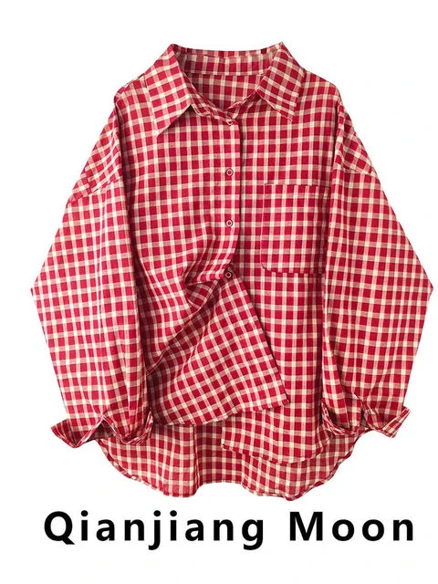 Chemise à carreaux rouges Vintage pour femmes, col rabattu, manches longues, Streetwear, ample, Patchwork, chemisiers Harajuku, Y2k, nouvelle collection automne 2026 1