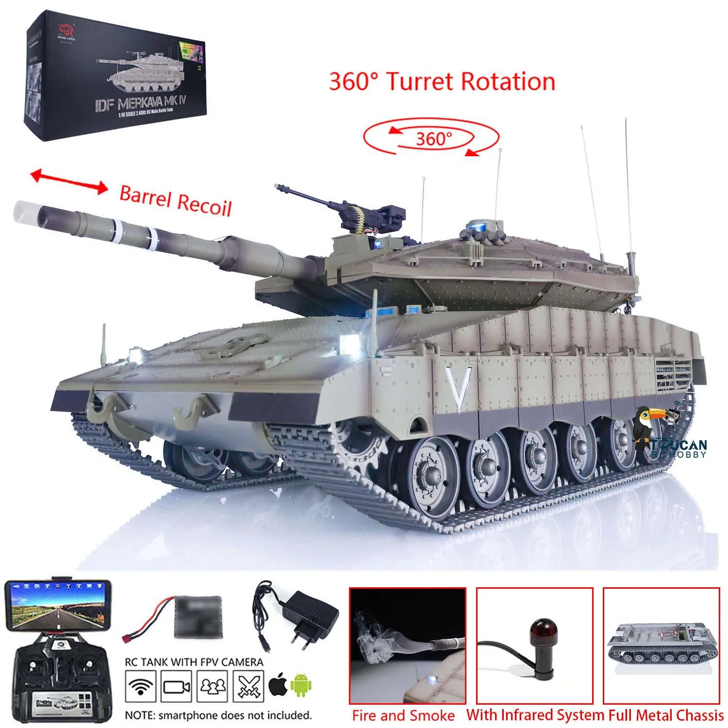 

Heng Long 1/16 RC Tank Merkava IDF MK IV 3958 Full Metal Chassis TK7.1 FPV Smoke Effect Infrared Battle Model Toys TH22668