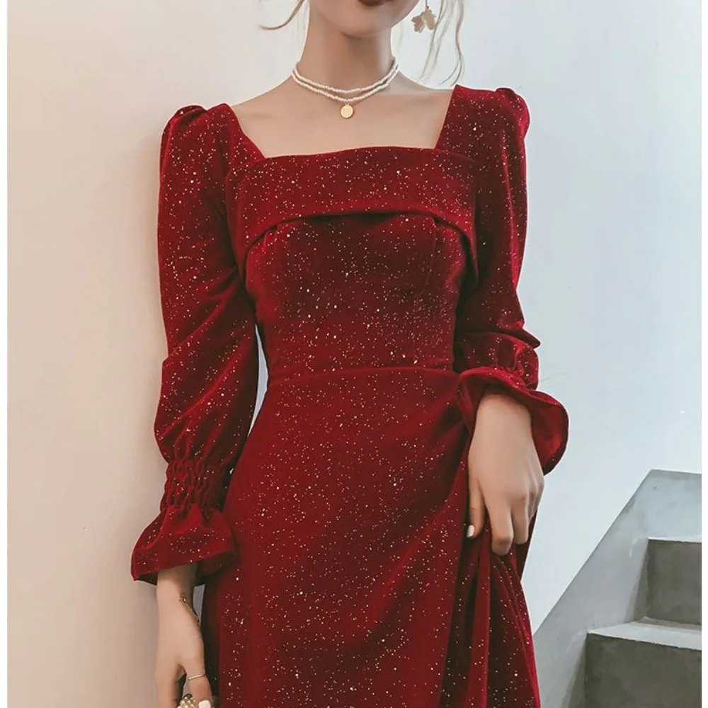 

Autumn and Winter Red Long Dress Women Vintage Square Collar Sequin Design Formal Occasion Dress Wedding Evening Party Dress