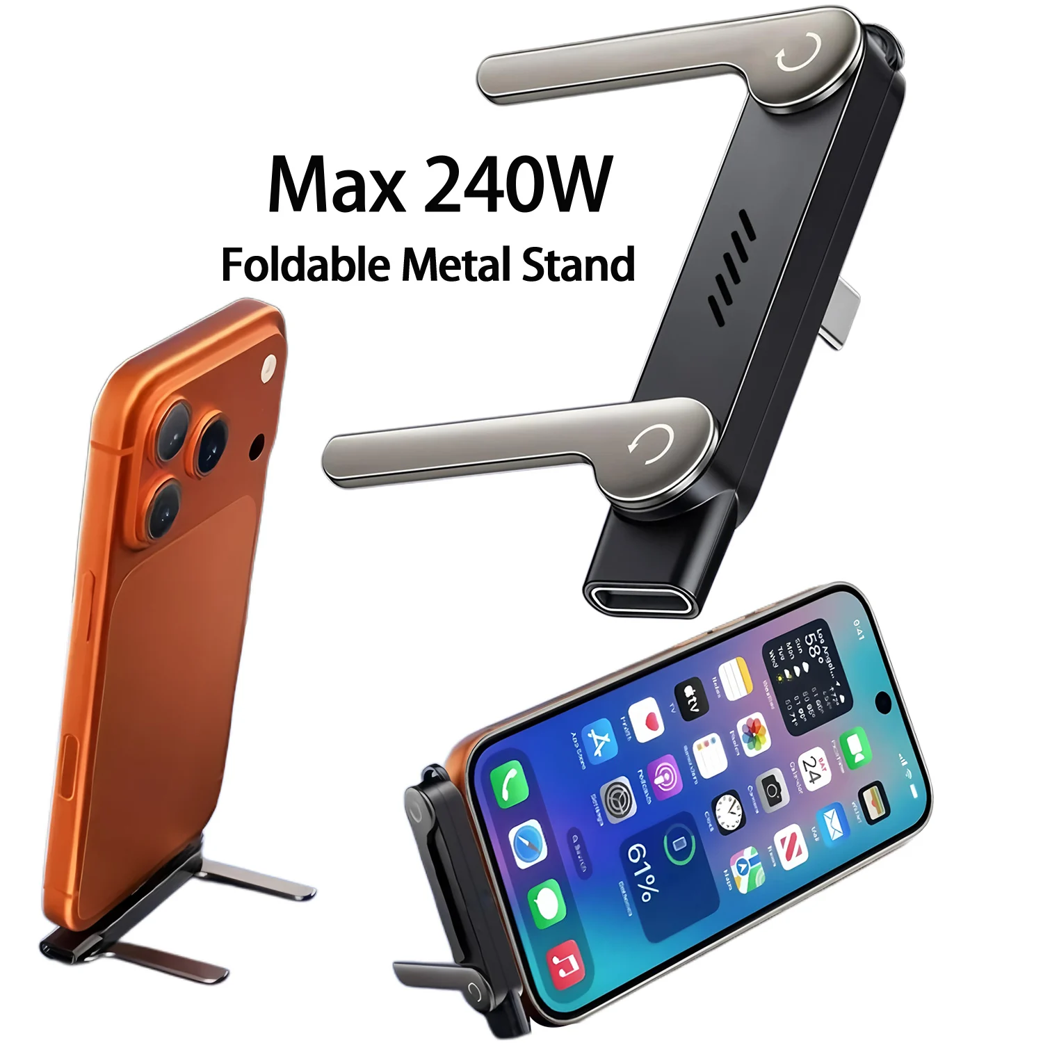 240W USB-C 접이식 메탈 폰 스탠드 PD 360 ° 회전식 컴팩트 홀더 (타입C 휴대폰 충전 케이블용) 사무실 및 여행용 액세서리
