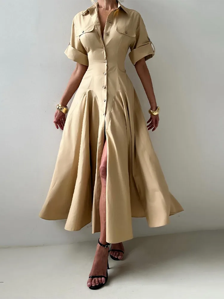 Elegant Single Breasted Long Dress Women Pleated Lapel Short Sleeve A Line  Party Dresses 2025 Summer Lady Fashion Striped Robes - AliExpress 200000345
