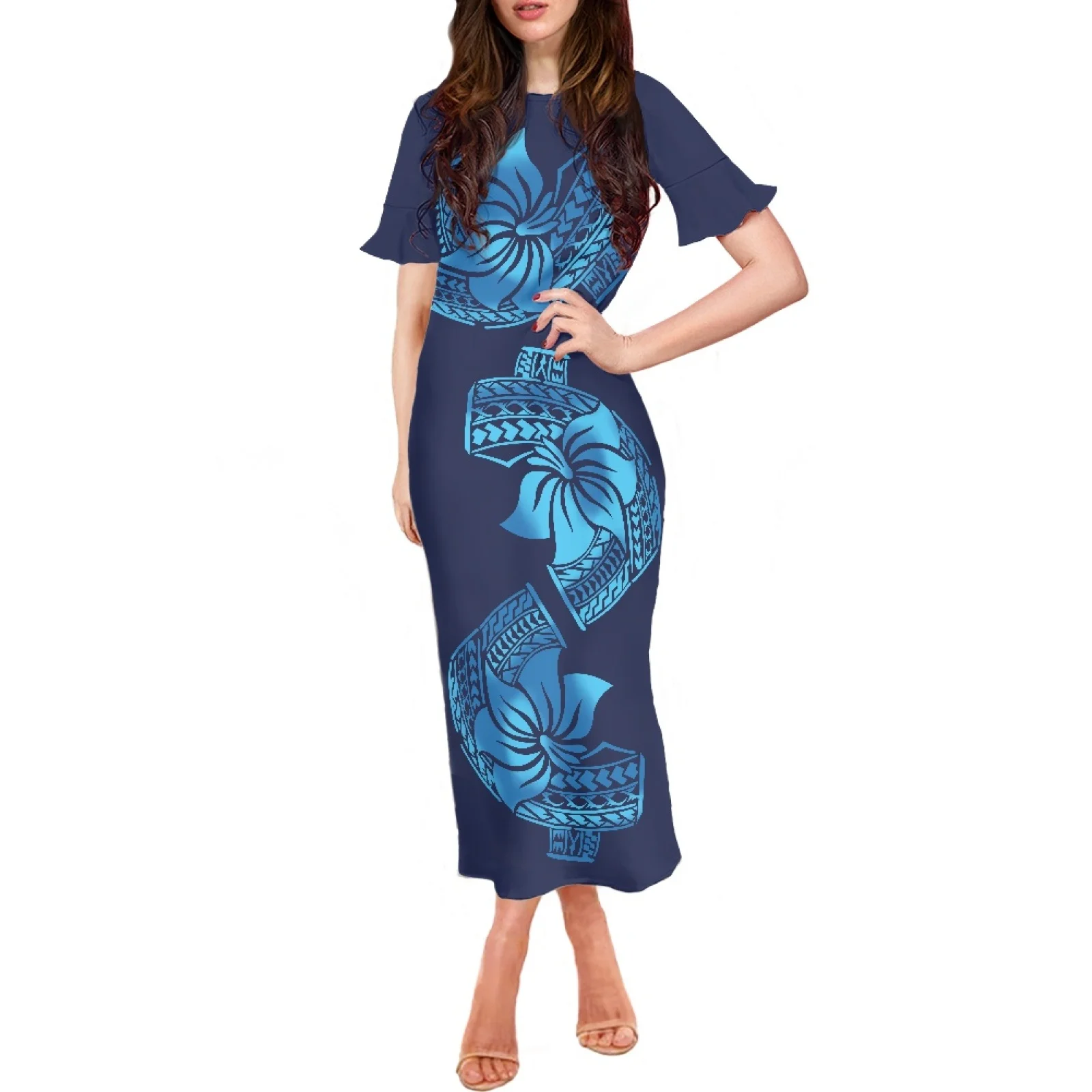 

Summer Polynesia Samoa Tribal Palm Leaves Print Clothing Chic And Elegant Woman Dress Short Ruffle Sleeve O-Neck Long Dress