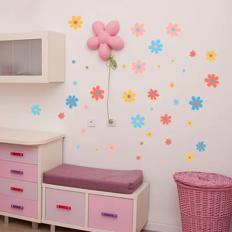 Bunte Blumen-Kombination Wandaufkleber Schlafzimmer Hintergrunddekoration Tapete für Kinderzimmer Dekor Selbstklebende Heimdekoration – Detail 3