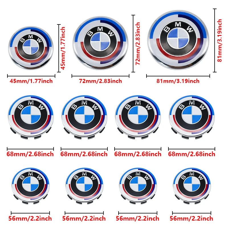 BMW E46 E90 F10 F30 G20 X5 82mm 74mm 68mm 56mm 45mm 50주년 기념 차량용 후드 트렁크 휠 스티어링 배지 7종 엠블럼 세트
