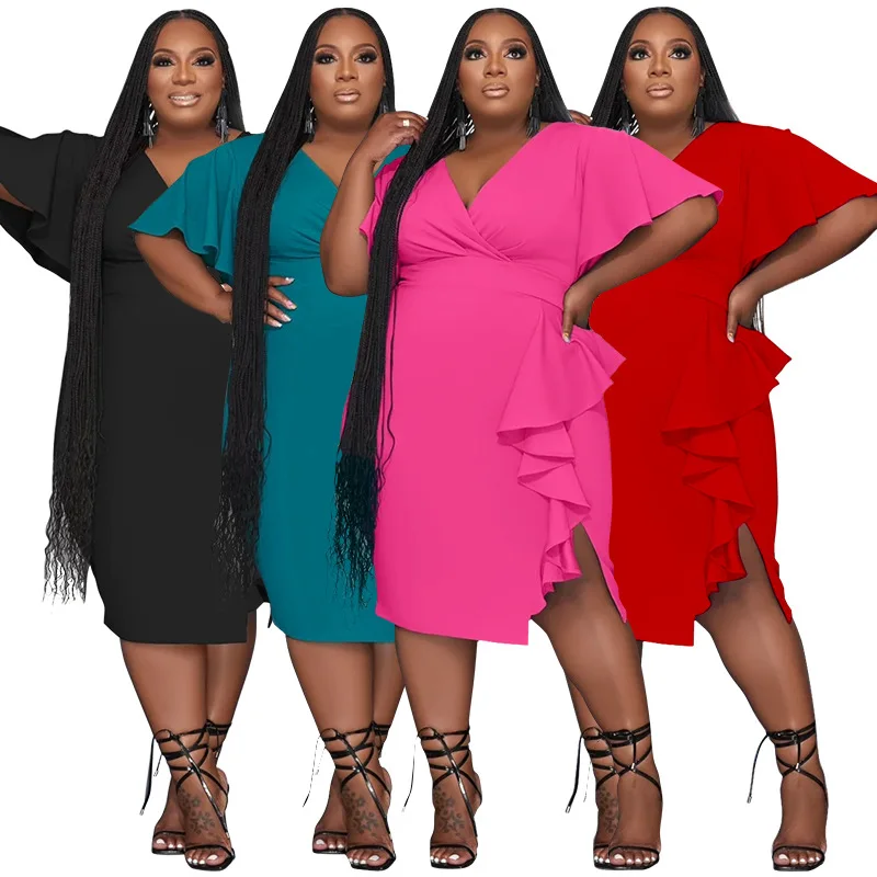 

2023 New Arrivals Summer Plus Size Casual Dress Ruffles Short Sleeves Solid Sexy Party Dresses Holidays Clothes