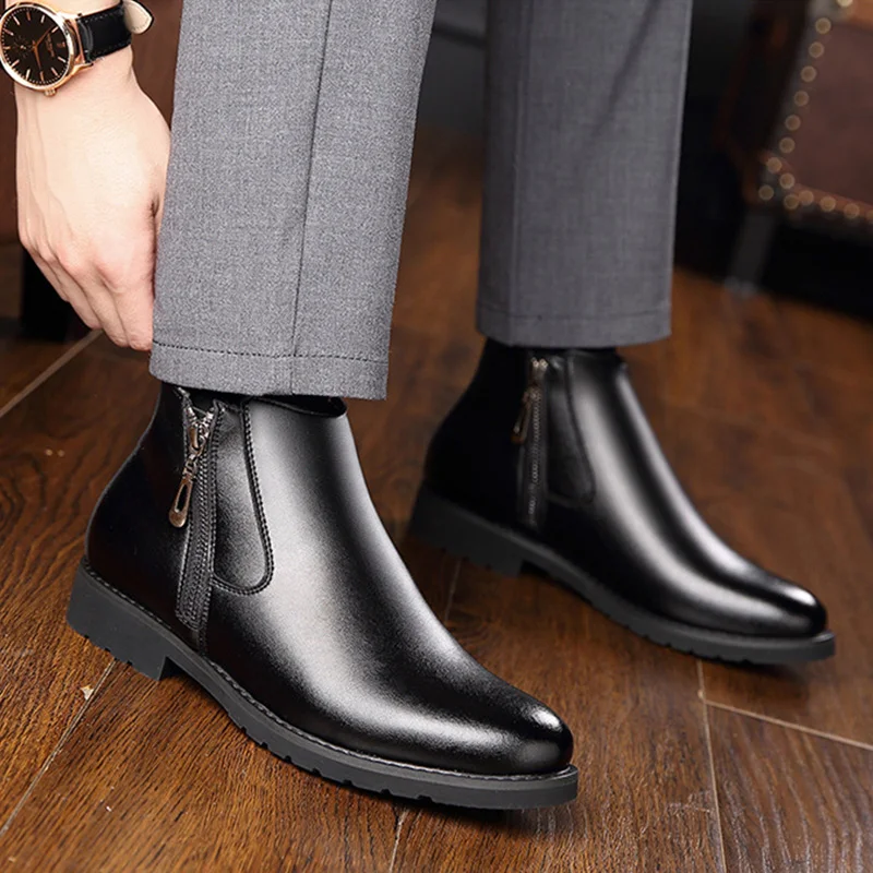 Genuine Leather Chelsea Boots Men Winter Shoes Plush Warm Shoes Zipper Cowhide Leather Booties Mens Ankle Boots Black KA440