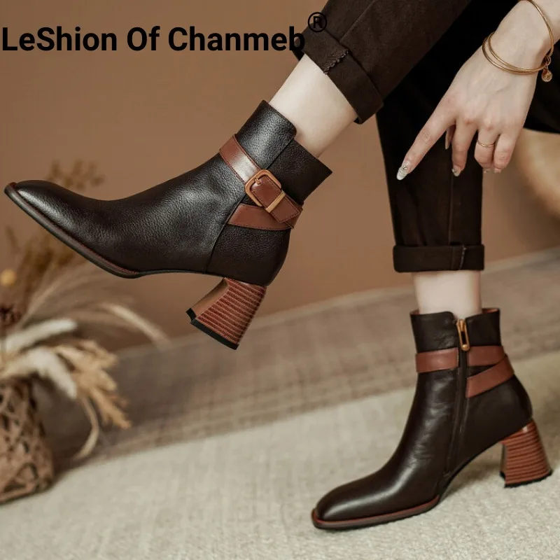 

LeShion Of Chanmeb Women Natural Leather Boots Square Toe High Quality Belt Buckle Boot Winter Lady Chunky High Heel Zipper Shoe