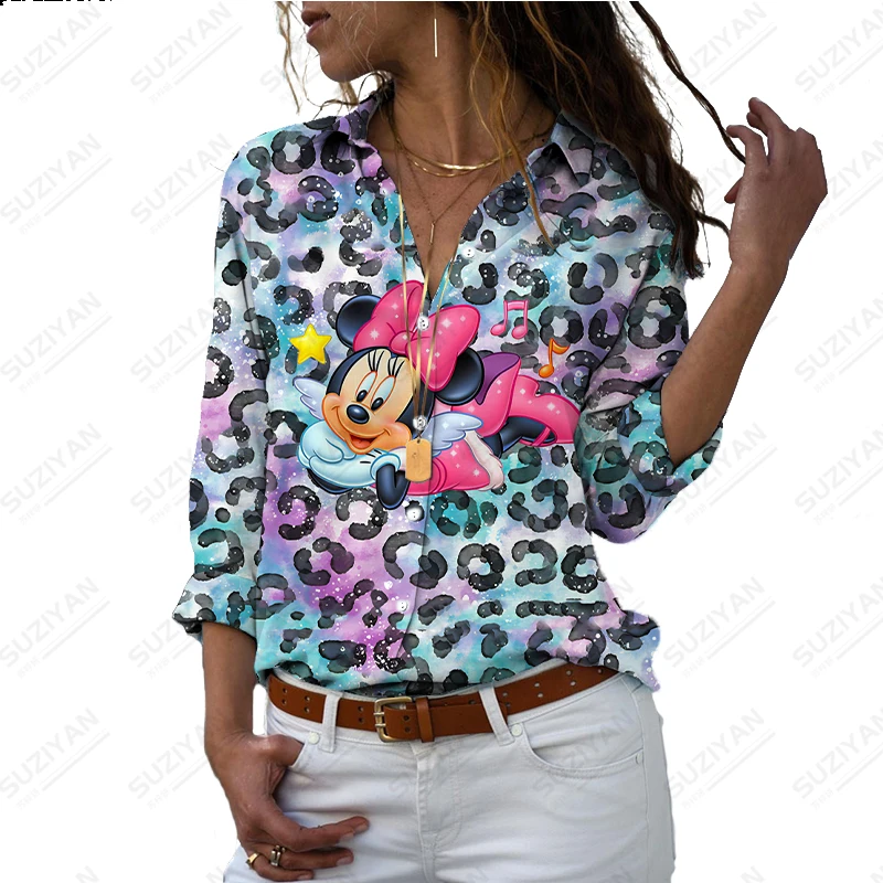 

Spring New Women's Long Sleeve Shirt Elegant and Elegant 3D Printing Women's Button Open Front Street Loose Disney Chiffon Shirt