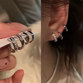 4-piece Set Korean Fashion Silver Color Small Hoop Earrings For Women Jewelry 2025 Trending New Women's Crystal Circle Earrings