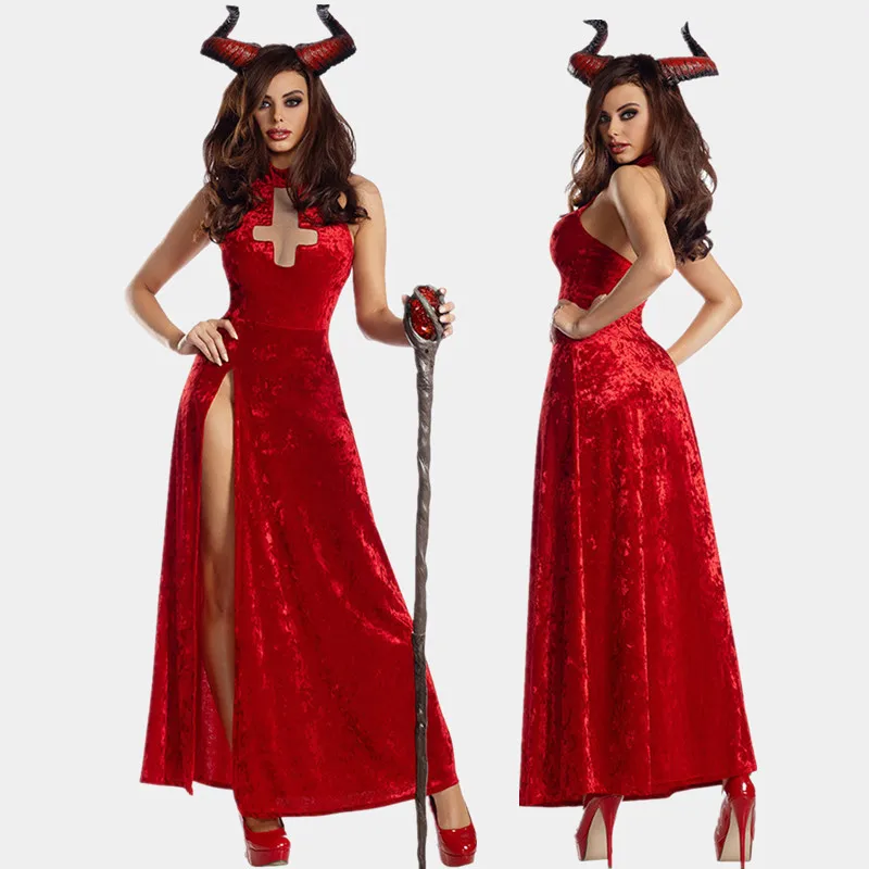 

Egyptian Goddess Red Demonic Queen Cosplay Costume Woman Performance Costume Sorceress Playsuit Cos Fancy Party Dress Ox Horn