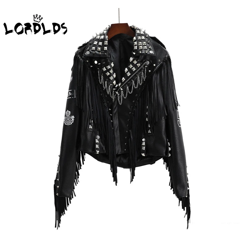 

LORDLDS Faux PU Moto Leather Jacket Women Streetwear Zip up Cropped Fringe Tassel Winter Clothes Ladies Coats and Jackets
