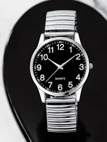 Montre à quartz avec bracelet élastique en alliage noir, chiffres arabes, pour homme et femme, coffret cadeau pour les amoureux. 4