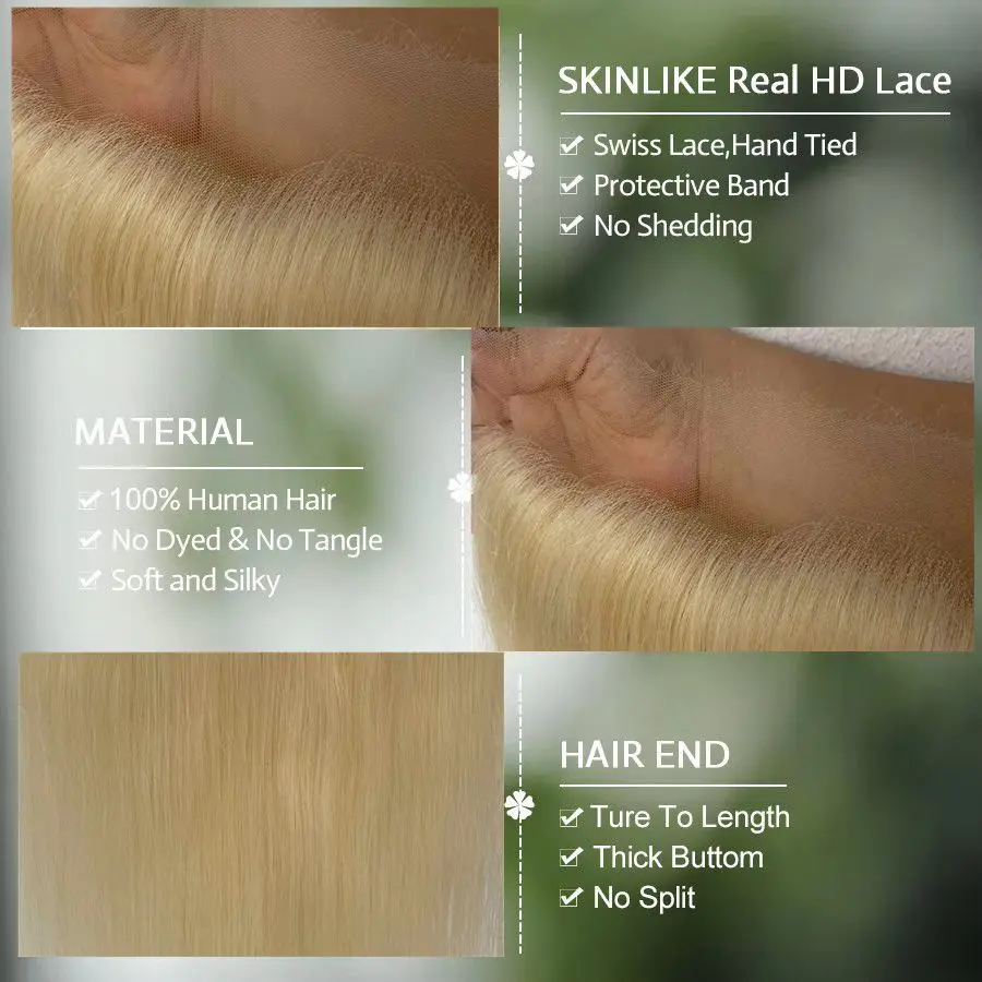 Blonde 613 Invisible HD13x6 Lace Frontal Human Hair Straight Lace Closure Melt Skin Pre Plucked Baby Hair Brazilian Remy