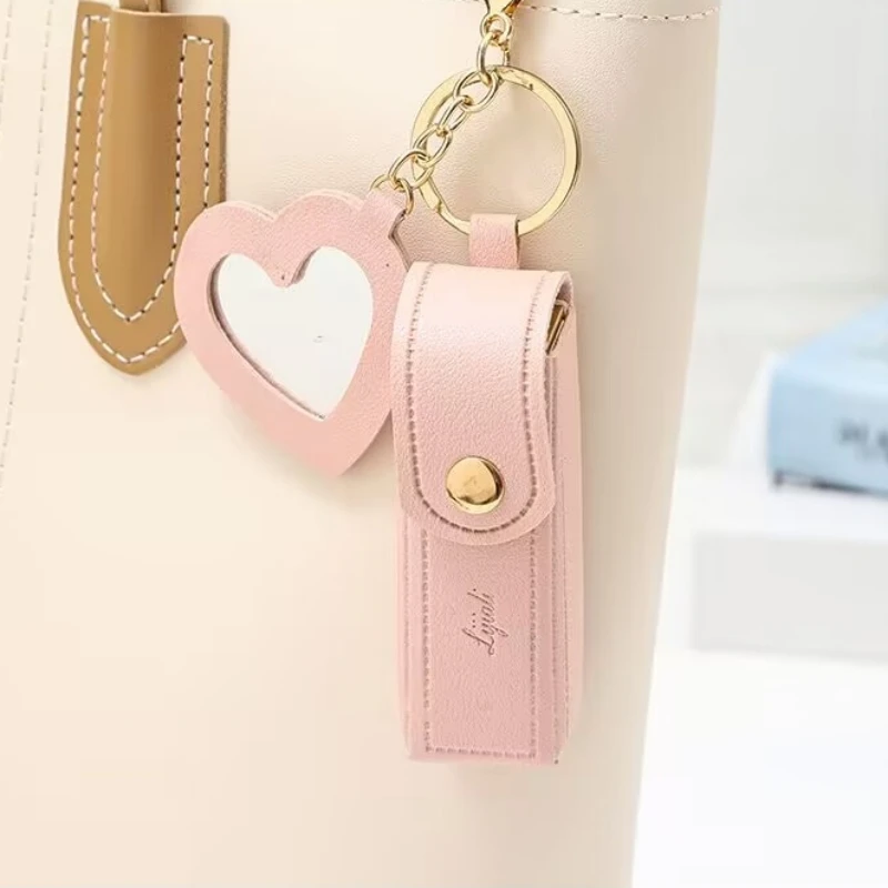 Portable Leather Lipstick Bag Makeup Pouch Lip Balm Bag Keychain Holder Lipsticks Protective Cover With Mirror 5