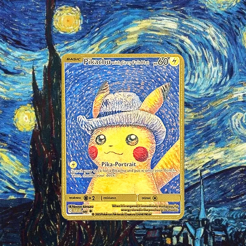 

Van Gogh Museum PTCG Pokemon Diy Pikachu Metal Gold Card Vmax Mega GX Collection with Grey Felt Hat Pika Trading Gold Cards Toys