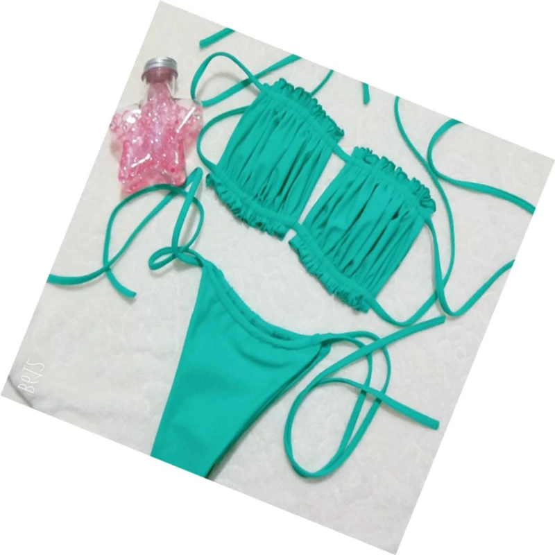 Elegant White Swimwear Women Off Shoulder Pleat Bikini Hollow Out Lace Up Bandgae Push Up Bathing Suit Thong Swimsuit Biquini