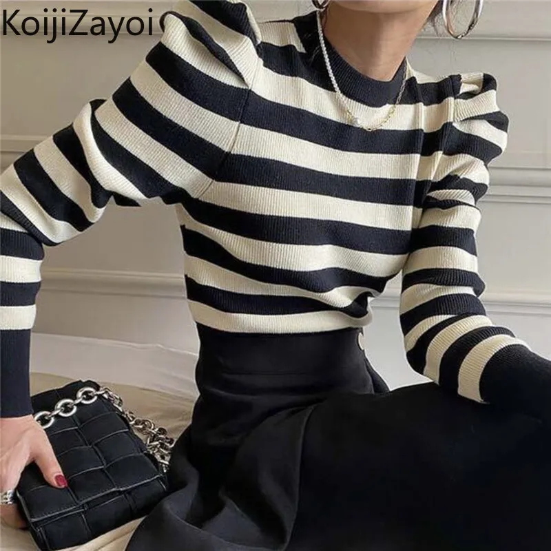 Koijizayoi Puff Sleeves Sweater Casual Loose Women Striped Pullover Spring Autumn 2022 All Match Ropa Mujer Chic Korean Jumper |