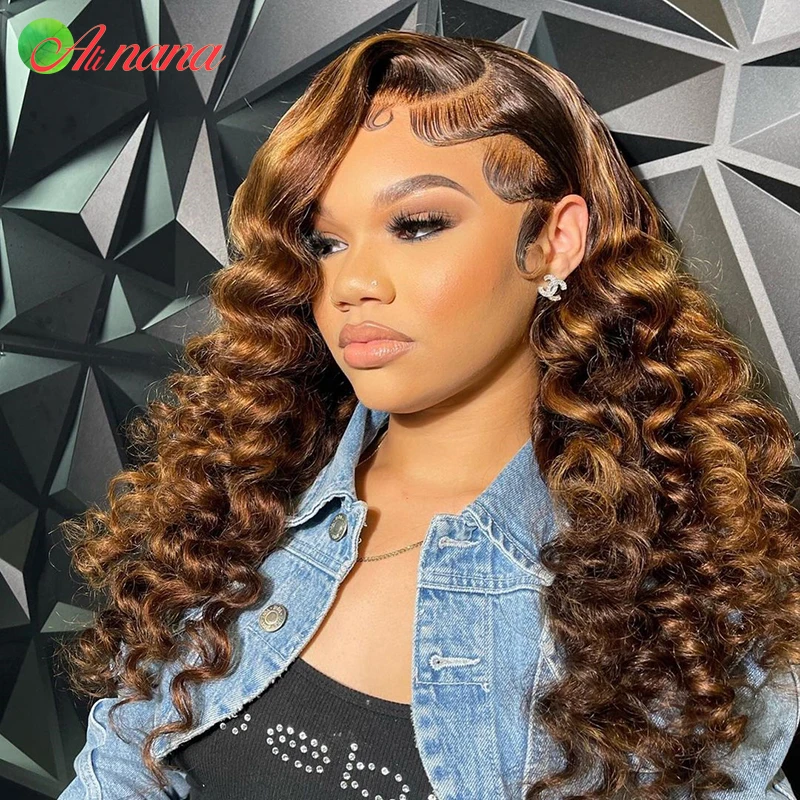 Perruque Deep Wave Lace Front Wig naturelle, cheveux humains, brun roux ombré, cuivre, orange, avec baby hair, pour femmes