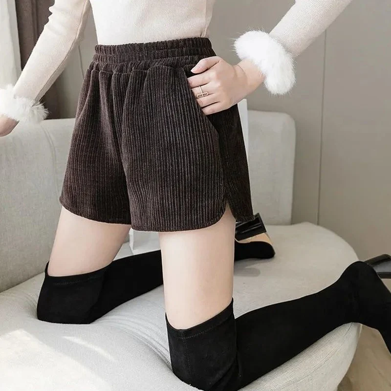 Women's Corduroy Shorts Elastic Waist Monochromatic Loose Simplicity Wide Leg Pants Casual Fashion Clothing Spring Autumn New