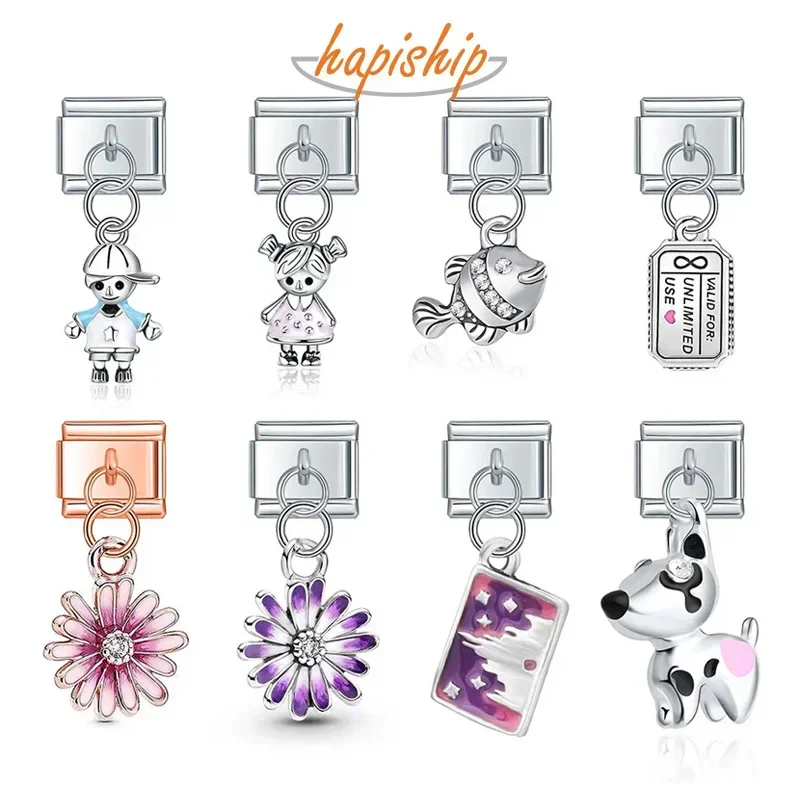Charm Bracelet Fashion Sweet Flower Fish Rainbow Dog Boy Girls Charm Links 9mm Stainless Steel Bracelet Making DIY Jewelry
