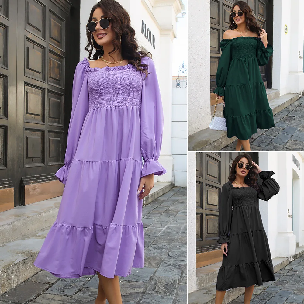 

Black Dress Ruffle Square Neck Plunge Flared Sleeve Layered Purple Spring and Autumn Solid Color Casual Swing Women