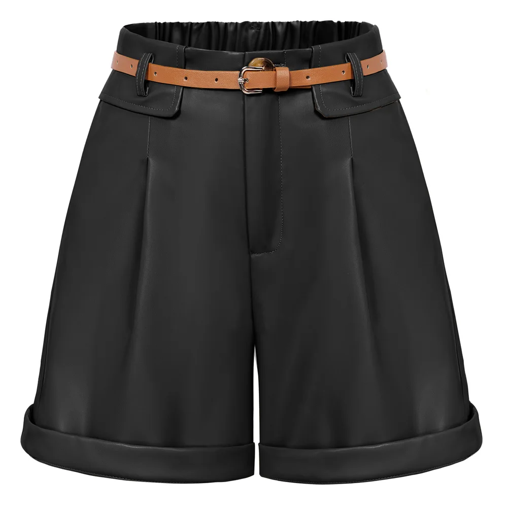 BP Women Vintage Polyurethane Leather Shorts With Belt Elastic Waist Shorts Lastic High Waisted Shorts With Pockets
