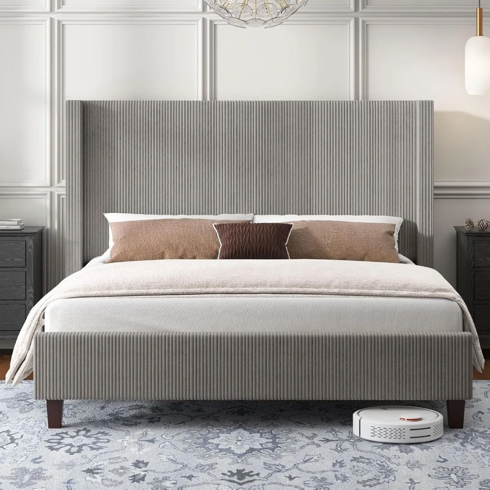 Queen Size Upholstered Platform Bed Frame, Wingback Beds with 50.8" Headboard, Corduroy, Queen Bed Frame 3