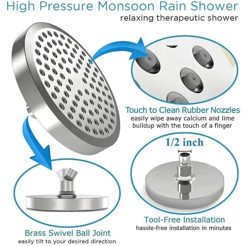 New 6 inches High Pressure Rain Shower Head with Arm 1min Installation Polished Chrome Rainfall Showerhead Anti-Clogging Nozzles 5