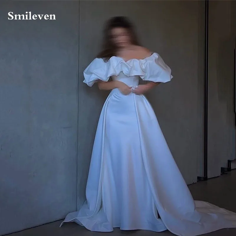 

Smileven Satin Off The Shoulder Wedding Dress A Line Bridal Gowns Modest vestidos de novia 2024 Side Split Bride Dresses