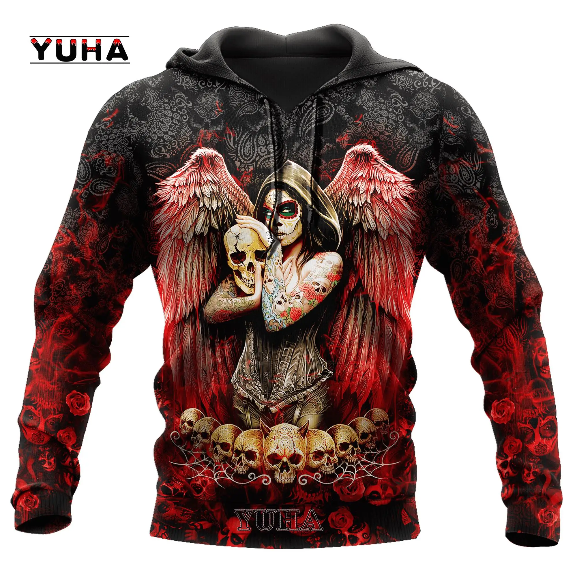 thumbnail image 1 of Sudadera con capucha y sudadera con estampado 3D de tatuaje de calavera roja oscura para hombre, sudadera unisex de primavera y otoño, ropa deportiva informal, 1 of 5