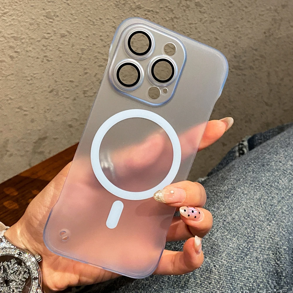 Ultra Thin Magnetic Matte Frameless Phone Case with Lens Protector and Translucent Frosted Back Cover