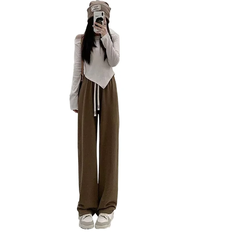 2023 Spring Autumn Winter New Grey Knitted Wide Leg Women Casual Pants High Waist Straight Tube Floor Sweeping Pants